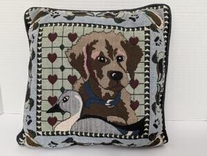 Vintage Puppy and Duck Needlepoint Pillow Heart Border Paw Prints Padded Edging